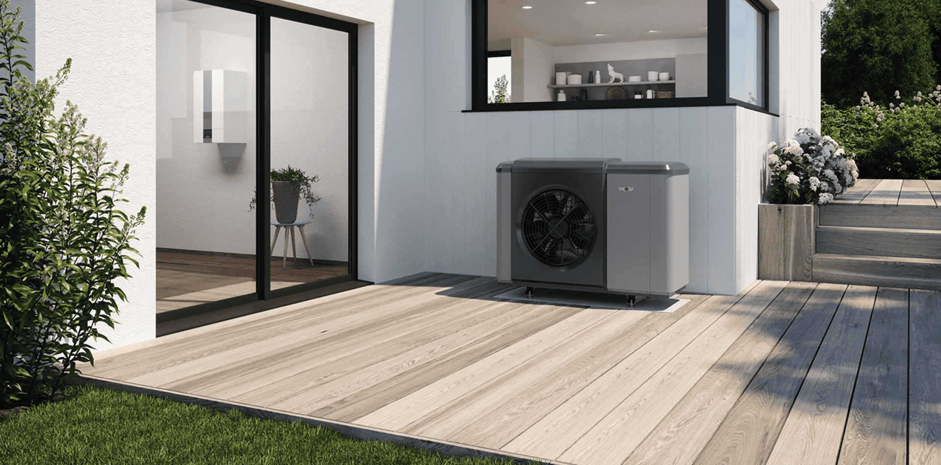 Eine moderne Wärmepumpe vor einem Wohnhaus.